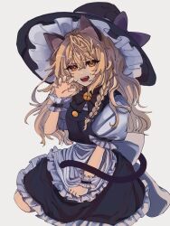 Rule 34 | 1girl, animal ears, apron, bell, black bow, black bowtie, blonde hair, bow, bowtie, braid, cat ears, cat tail, commentary request, fangs, hair bow, hat, hat bow, highres, hua88331, jingle bell, kirisame marisa, light blush, long hair, looking at viewer, open mouth, purple bow, short sleeves, side braid, single braid, sitting, solo, sweatdrop, tail, touhou, waist apron, witch hat, wrist cuffs, yellow eyes