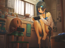 Rule 34 | 1girl, 1other, aiuabo, armpit crease, bare legs, barefoot, basket, black hair, blue choker, blue shirt, blush, bottle, choker, coffee pot, collarbone, cup, feet, full body, hair dryer, hair ornament, hair over one eye, handheld game console, holding, holding handheld game console, indoors, jewelry, kettle, kitchen, knees up, legs, long sleeves, miniskirt, mug, nail polish, necklace, nintendo switch, off shoulder, one eye covered, open mouth, original, pleated skirt, red eyes, shadow, shirt, single bare shoulder, sitting, skirt, spread toes, stool, toenail polish, toenails, toes, toothbrush, towel, window