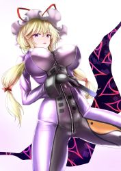 Rule 34 | 1girl, absurdres, alternate costume, alternate hairstyle, arm at side, black gloves, blonde hair, blush, bodysuit, bow, breasts, covered erect nipples, cowboy shot, folded fan, folding fan, g (genesis1556), gap (touhou), gloves, gradient background, hair bow, hair up, hand fan, hat, hat ribbon, highres, holding, holding fan, huge breasts, long sleeves, looking at viewer, mob cap, puffy nipples, purple background, purple bodysuit, purple eyes, red bow, red ribbon, ribbon, shiny clothes, short hair with long locks, sidelocks, skin tight, solo, touhou, trigram, white background, white hat, yakumo yukari, yin yang, yin yang print