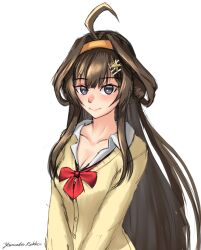 Rule 34 | 1girl, ahoge, alternate costume, artist name, bow, brown cardigan, brown hair, cardigan, closed mouth, collarbone, commentary request, cropped torso, hair ornament, hairband, hairclip, historical name connection, kantai collection, kongou (kancolle), long sleeves, looking at viewer, name connection, one-hour drawing challenge, purple eyes, red bow, rekka yamato, simple background, smile, solo, white background