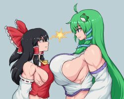 Rule 34 | 2girls, ahoge, asymmetrical docking, black eyes, black hair, bow, breast press, breasts, closed mouth, commentary, confrontation, detached sleeves, english commentary, frog hair ornament, green eyes, green hair, grey background, hair bow, hair ornament, hair tubes, hakurei reimu, height difference, highres, huge breasts, kochiya sanae, long hair, looking at another, medium hair, multiple girls, muscular, muscular female, nontraditional miko, red bow, sheepapp, sideboob, sidelocks, simple background, snake hair ornament, touhou