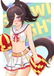 Rule 34 | 1girl, absurdres, alternate costume, alternate hairstyle, animal ears, belt, black hair, breasts, cheerleader, collarbone, commentary request, cosplay, hair over one eye, highres, hokuyukis, horse ears, horse girl, horse tail, looking at viewer, medium hair, midriff, navel, nice nature (run&amp;win) (umamusume), nice nature (umamusume), nice nature (umamusume) (cosplay), open mouth, pom pom (cheerleading), ponytail, purple eyes, rice shower (umamusume), small breasts, solo, tail, thigh strap, umamusume