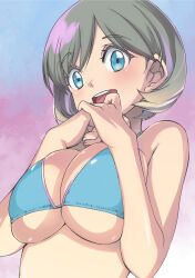 Rule 34 | 1girl, :d, absurdres, bare arms, bare shoulders, bikini, blue bikini, blue eyes, breasts, breasts squeezed together, cleavage, eyelashes, grey hair, hands up, highres, large breasts, looking at viewer, love live!, love live! superstar!!, muramasa mikado, open mouth, round teeth, short hair, smile, solo, swept bangs, swimsuit, tang keke, teeth, upper body, upper teeth only
