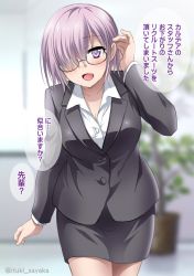 Rule 34 | 1girl, alternate costume, black jacket, blouse, blurry, blurry background, blush, breasts, cleavage, collarbone, cowboy shot, fate/grand order, fate (series), glasses, hair over one eye, hand in own hair, indoors, itsuki sayaka, jacket, large breasts, long sleeves, looking at viewer, mash kyrielight, office, office lady, open clothes, open mouth, open shirt, pantyhose, pencil skirt, pink hair, purple eyes, see-through, see-through legwear, shirt, skirt, solo, translated, twitter username, upper body, white shirt