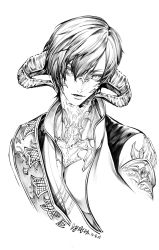 Rule 34 | 1boy, au ra, chinese commentary, collared shirt, commentary request, cropped torso, curled horns, dated, dragon horns, final fantasy, final fantasy xiv, greyscale, highres, horns, lineart, looking to the side, male focus, monochrome, parted lips, portrait, sash, scales, shirt, short hair, shoulder sash, sideways glance, signature, simple background, solo, swept bangs, varshahn, white background, zhan zhu