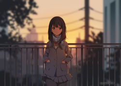 Rule 34 | 10s, 1girl, black pantyhose, blush, brown hair, closed mouth, copyright name, domo1220, expressionless, film grain, grey eyes, grey skirt, gridman universe, hands in pockets, highres, long hair, looking at viewer, outdoors, pantyhose, power lines, railing, scarf, skirt, solo, ssss.gridman, sunset, takarada rikka