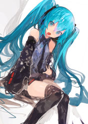 Rule 34 | 1girl, absurdres, aqua eyes, aqua hair, bad hands, bare shoulders, black necktie, black skirt, black sleeves, black thighhighs, collared shirt, commentary, detached sleeves, feet out of frame, gradient background, grey shirt, hair between eyes, hatsune miku, head tilt, highres, kaamin (mariarose753), knees together feet apart, long hair, looking at viewer, necktie, open mouth, shirt, simple background, sitting, skirt, sleeveless, sleeveless shirt, solo, thighhighs, twintails, very long hair, vocaloid, white background