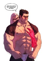 Rule 34 | 2boys, abs, arm hair, bara, bare pectorals, behind another, blush, character request, chest hair, clothes lift, commentary, darius (league of legends), english commentary, english text, eyebrow cut, facial hair, feet out of frame, ghangaji, grabbing, groping, highres, large pectorals, league of legends, male focus, male pubic hair, male underwear, male underwear peek, mature male, multiple boys, muscular, muscular male, navel, navel hair, nipples, old, old man, open fly, pectoral grab, pectorals, pubic hair, pubic hair peek, scar, scar across eye, scar on arm, scar on face, shirt behind neck, shirt lift, short hair, sideburns, spiked hair, stomach, stubble, trembling, underwear, white male underwear, yaoi