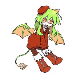 Rule 34 | 1girl, beret, birdweon, boots, colored skin, cross, cross necklace, demon, demon girl, demon horns, demon tail, demon wings, funamusea, green wings, haiiro teien, hat, highres, horns, jewelry, necklace, open mouth, orange horns, pointy ears, red eyes, red footwear, red sweater, solo, sweater, tail, white background, white skin, wings, yosafire (funamusea)