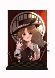 Rule 34 | 1girl, absurdres, black vest, chessboard, collared shirt, cross, doll, dolls in pseudo paradise, dress shirt, enuchi (jvdm7888), hat, hat feather, highres, jacket girl (dipp), long hair, long sleeves, looking at viewer, open mouth, puppet, red ribbon, ribbon, shirt, smile, solo, touhou, vest, wavy hair, white shirt, yellow eyes