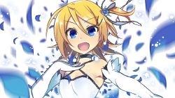 Rule 34 | 1girl, :d, blonde hair, blue eyes, blush, boots, bow, choker, cropped, dress, eyebrows, flower, gloves, hair between eyes, hair bow, hair ornament, hair ribbon, hairclip, hand on own chest, highres, kagamine rin, looking at viewer, motion blur, negi (ulog&#039;be), one side up, open mouth, outstretched arm, petals, ribbon, rose, sano takayuki (samfree), short hair, sleeveless, smile, solo, tears, upper body, vocaloid, white background, white bow, white dress, white gloves