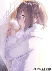 Rule 34 | 1girl, blue eyes, breath, breathing on hands, brown hair, character name, coat, cold, commentary request, from side, fur collar, hands up, long sleeves, original, outdoors, profile, railing, snowing, solo, suzunari shizuku, translation request, white coat, winter clothes, winter coat, yuki arare