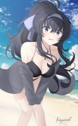 Rule 34 | 1girl, absurdres, bare shoulders, bikini, black bikini, blue archive, blue sky, breasts, cleavage, cloud, collarbone, commentary, day, feet out of frame, grey eyes, grey jacket, hairband, highres, jacket, large breasts, leaning forward, long hair, long sleeves, mashiro arts, off shoulder, ponytail, purple hairband, signature, sky, sleeves past wrists, solo, standing, swimsuit, ui (blue archive)