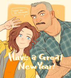 Rule 34 | 1boy, 1girl, aaron gruber (o natsuo88), beard stubble, blue eyes, crossed arms, english text, facial hair, facial scar, green nails, grey hair, happy new year, head on another&#039;s shoulder, highres, looking at viewer, madison (o natsuo88), mature male, medium hair, mustache, nail polish, new year, notice lines, o natsuo88, old, old man, original, receding hairline, red hair, scar, scar on cheek, scar on face, shirt, short hair, side-by-side, simple background, smile, speech bubble, stubble, thick eyebrows, thick mustache, upper body, watch, waving, wavy hair, wrinkled skin, wristwatch, yellow background