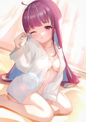 Rule 34 | 1girl, absurdres, ahoge, bad id, bad pixiv id, bare legs, barefoot, bed, bed sheet, blue hair, blunt bangs, breasts, cleavage, collarbone, collared shirt, colored inner hair, curtains, dress shirt, highres, hololive, long hair, looking at viewer, medium breasts, minato aqua, morning, multicolored hair, navel, one eye closed, parted lips, purple eyes, purple hair, rubbing eyes, shirt, sidelocks, sitting, solo, streaked hair, two-tone hair, usagi (786113654), virtual youtuber, wariza, white shirt, window
