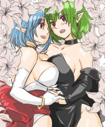 Rule 34 | 2girls, bare shoulders, blue hair, breasts, chickenkue, dress, filia (star ocean), flower, gloves, highres, holding hands, large breasts, lavarre, multiple girls, open mouth, pointy ears, red eyes, short hair, smile, star ocean, star ocean the second story, white background