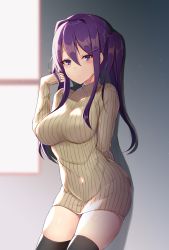 Rule 34 | 1girl, absurdres, alternate hairstyle, arm behind back, black thighhighs, blurry, blurry background, blush, breasts, closed mouth, commentary request, contrapposto, cowboy shot, day, depth of field, doki doki literature club, dress, grey sweater, hair between eyes, hair intakes, hair ornament, hairclip, hand up, highres, indoors, light particles, long hair, long sleeves, medium breasts, purple eyes, purple hair, ribbed sweater, sidelocks, sleeves past wrists, solo, standing, sweater, sweater dress, thighhighs, turtleneck, turtleneck sweater, twintails, window, yuri (doki doki literature club), zhi zhi/zu zu