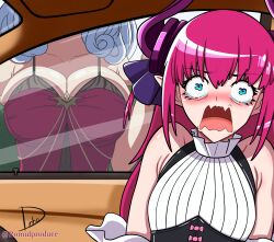Rule 34 | 2girls, against glass, bare shoulders, blush, breast press, breasts, breasts on glass, car interior, carmilla (fate), elizabeth bathory (fate), elizabeth bathory (fate/extra ccc), fate/grand order, fate (series), flat chest, head out of frame, highres, large breasts, meme, multiple girls, open mouth, pink hair, romulproduce, scared, screaming, sleeveless, white hair, woman scared of breasts (meme)
