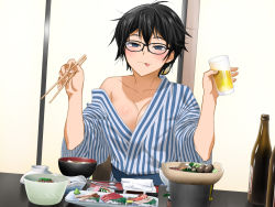 Rule 34 | 1girl, :p, alcohol, beer, black-framed eyewear, black hair, blue eyes, blush, bottle, bowl, breasts, chopsticks, cleavage, clownculture, cup, drinking glass, drunk, food, glasses, hair between eyes, highres, holding, indoors, japanese clothes, kimono, large breasts, looking at viewer, off shoulder, original, short hair, sitting, smile, solo, spoon, striped, table, tongue, tongue out
