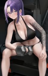 Rule 34 | 1girl, arm tattoo, black bra, blue eyes, bra, breasts, cleavage, dumbbell, earrings, exercising, hand on own knee, indoors, jewelry, large breasts, leaning forward, mole, mole on breast, navel, original, ponytail, preview (preview0), purple hair, sitting, skindentation, solo, sports bra, spread legs, tattoo, tattoo sleeve, underwear