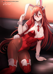 Rule 34 | 1girl, absurdres, alternate costume, animal ears, blush, breasts, rabbit ears, cleavage, cordelia (fire emblem), covered navel, detached collar, fake animal ears, fire emblem, fire emblem awakening, hair ornament, highres, leotard, long hair, nintendo, pantyhose, parted lips, playboy bunny, red eyes, red hair, red leotard, solo, vilde loh hocen, watermark, web address, wrist cuffs