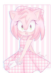 Rule 34 | 1girl, amy rose, animal ears, artist name, bow, dress, female focus, gloves, green eyes, hair bow, happy, hedgehog, hedgehog ears, hedgehog girl, hedgehog tail, highres, looking at viewer, mewgami, open mouth, sleeveless, sleeveless dress, solo, sonic (series), upper body