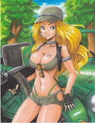 Rule 34 | 1girl, 2020, armlet, blonde hair, blue eyes, bra, breast tattoo, breasts, bullet, cleavage, collarbone, fingerless gloves, glasses, glasses removed, gloves, green panties, hat, highres, holding, holding weapon, julia (metal slug), knife, large breasts, long hair, m60, metal slug, metal slug attack, military hat, military vehicle, navel, panties, ravernclouk design, seductive smile, short shorts, shorts, smile, snk, solo, tattoo, underwear, vehicle, weapon