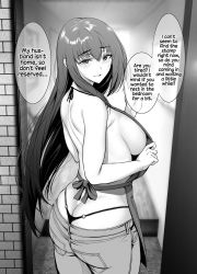 Rule 34 | 1girl, ass, beckoning, breasts, butt crack, cheating (relationship), denim, english text, female focus, from behind, gentsuki, highres, jeans, long hair, looking at viewer, looking back, pants, smile, solo, speech bubble, standing, thong, whale tail (clothing)