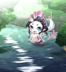 Rule 34 | 1girl, black hair, blue eyes, blush, looking at viewer, mermaid, monster girl, navel, ningyo (youkai watch), no pupils, nollety, open mouth, partially submerged, shell, shell bikini, solo, translation request, water, youkai watch