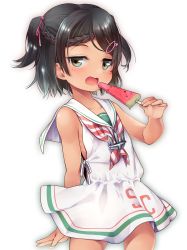 Rule 34 | 1girl, bare arms, bare shoulders, black eyes, black hair, blush, braid, commentary request, cowboy shot, dated, dress, eating, food, fruit, hair ornament, hair ribbon, hairclip, highres, holding, holding food, kantai collection, looking at viewer, mole, mole under eye, n:go, neckerchief, open mouth, popsicle, ribbon, sailor collar, sailor dress, scirocco (kancolle), short hair, signature, simple background, sleeveless, sleeveless dress, solo, striped neckerchief, striped neckwear, tan, tanline, two side up, watermelon bar, white background, white dress, white sailor collar