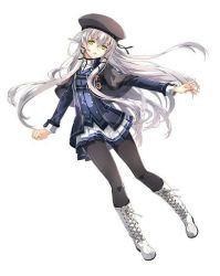 Rule 34 | 1girl, altina orion, beret, black capelet, black hat, black legwear, blue jacket, boots, capelet, cross-laced footwear, eiyuu densetsu, falcom, green eyes, hair between eyes, hat, jacket, knee boots, lace-up boots, long hair, long sleeves, looking at viewer, miniskirt, open clothes, open jacket, pleated skirt, sen no kiseki, sen no kiseki iii, skirt, solo, teya3, third-party source, two-tone skirt, white background, white footwear, white hair