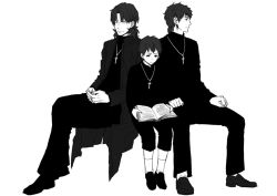 Rule 34 | 3boys, bad id, bad pixiv id, book, child, cross, cross necklace, fate/zero, fate (series), greyscale, jewelry, kagami ei, kotomine kirei, long coat, male focus, monochrome, multiple boys, multiple persona, necklace, aged up, shorts, aged down