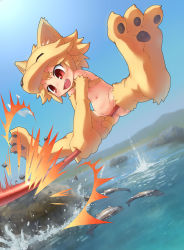 Rule 34 | 1girl, absurdres, animal ear fluff, animal hands, blonde hair, blush, body blush, bottomless, commentary request, commission, dutch angle, elbow gloves, eyes visible through hair, fang, feet, fish, fishing, flat chest, fox girl, fox hat, full body, gloves, gluteal fold, hair between eyes, halterneck, highres, hitting, holding, holding staff, holding weapon, horizon, jumping, monster girl, moonlight flower, motion blur, mountain, navel, no pussy, open mouth, ragnarok online, red eyes, rock, sankuma, second-party source, shiny skin, short hair, skeb commission, sky, soles, solo, staff, stomach, thighhighs, trout binning, unconscious, water, weapon, yellow fur, yellow gloves, yellow thighhighs