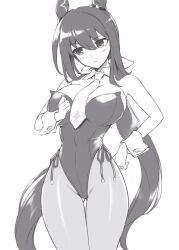 Rule 34 | 1girl, admire vega (umamusume), animal ears, breasts, detached collar, ear covers, gluteal fold, greyscale, highres, horse ears, horse tail, large breasts, leotard, looking to the side, low ponytail, monochrome, necktie, nontraditional playboy bunny, pataneet, side-tie leotard, sideways glance, solo, standing, strapless, strapless leotard, tail, thigh gap, umamusume