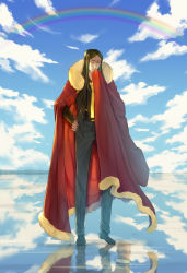 Rule 34 | 1boy, cape, day, closed eyes, fate/zero, fate (series), green hair, long hair, lord el-melloi ii, male focus, aged up, rainbow, sky, solo, vesperster, waver velvet