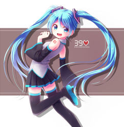 Rule 34 | 1girl, 39, aqua eyes, aqua hair, asato727, boots, detached sleeves, hatsune miku, heart, long hair, looking back, necktie, open mouth, skirt, solo, thigh boots, thighhighs, twintails, very long hair, vocaloid