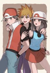 Rule 34 | 1girl, 2boys, baseball cap, black shirt, black wristband, blue oak, blue shirt, border, brown background, brown eyes, brown hair, bucket hat, closed mouth, commentary, creatures (company), game freak, grey asa, hair flaps, hat, highres, jacket, jewelry, leaf (pokemon), long hair, multiple boys, necklace, nintendo, open mouth, pants, pleated skirt, pokemon, pokemon frlg, purple pants, red (pokemon), red headwear, red jacket, red skirt, shirt, short hair, skirt, sleeveless, sleeveless jacket, sleeveless shirt, smile, spiked hair, symbol-only commentary, t-shirt, tongue, white headwear, wristband