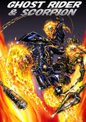 Rule 34 | 2boys, black gloves, burning, byakuren (midwood), chain, crossover, fire, flaming eyes, ghost rider, gloves, jacket, leather, leather jacket, male focus, marvel, mortal kombat (series), motor vehicle, motorcycle, multiple boys, muscular, ninja, open mouth, outstretched arm, polearm, riding, scorpion (mortal kombat), skull, spear, spikes, studded, sword, vehicle, weapon