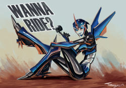 Rule 34 | 1girl, arcee, arcee (prime), artist name, autobot, black sclera, blue eyes, blue lips, colored sclera, english text, from side, hand on own leg, helmet, leg up, looking to the side, mecha, motorcycle helmet, no humans, robot, science fiction, sitting, smile, solo, transformers, transformers prime, trunchbull