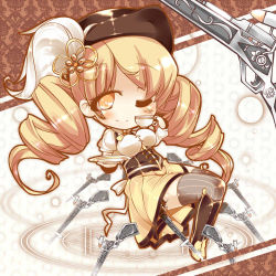 Rule 34 | 10s, 1girl, beret, blonde hair, boots, breasts, chibi, corset, cup, detached sleeves, drill hair, fingerless gloves, gloves, gun, hair ornament, hat, magical girl, magical musket, mahou shoujo madoka magica, mahou shoujo madoka magica (anime), one eye closed, pleated skirt, psan, shirt, skirt, smile, solo, taut clothes, taut shirt, teacup, thighhighs, tomoe mami, weapon, wink, yellow eyes