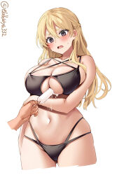 Rule 34 | 1girl, alternate costume, arm at side, bare shoulders, between breasts, bikini, black bikini, blonde hair, blush, braid, breasts, brown hair, cleavage, cleavage cutout, closed mouth, clothing cutout, cowboy shot, cropped legs, cross-laced bikini, cross-laced clothes, disembodied limb, ebifurya, food, food between breasts, gluteal fold, hair between eyes, hand on own arm, highleg, highleg bikini, highres, kantai collection, large breasts, long hair, looking at viewer, midriff, navel, one-hour drawing challenge, open mouth, popsicle, purple eyes, sexually suggestive, simple background, simulated paizuri, skindentation, solo focus, surprised, sweatdrop, swimsuit, thighs, twitter username, white background, zara (kancolle)