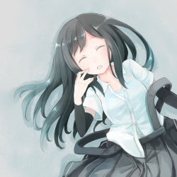 Rule 34 | 10s, 1girl, arm warmers, asashio (kancolle), bad id, bad pixiv id, black hair, comah, closed eyes, grey skirt, hand on own face, kantai collection, long hair, open mouth, pleated skirt, school uniform, shirt, skirt, sleeping, solo, suspenders, white shirt