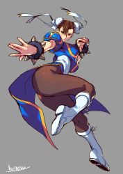 Rule 34 | 1girl, artist name, ass, boots, bracelet, breasts, brown eyes, brown hair, capcom, chinese clothes, chun-li, closed mouth, commentary request, double bun, full body, grey background, hair bun, highres, jewelry, knee boots, kotatsu (g-rough), leg up, lips, looking at viewer, makeup, medium breasts, pantyhose, puffy short sleeves, puffy sleeves, short sleeves, signature, simple background, solo, spiked bracelet, spikes, street fighter, thighs, white footwear