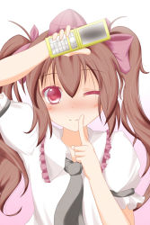 Rule 34 | 1girl, blush, bow, brown hair, cellphone, female focus, finger to mouth, hair bow, hat, highres, himekaidou hatate, necktie, one eye closed, phone, red eyes, solo, tokin hat, touhou, twintails, upper body, wink, yuzutei