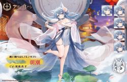 Rule 34 | 1girl, alic miao, animal ears, anklet, asashio (azur lane), asashio (robes of dancing clouds) (azur lane), azur lane, bare shoulders, barefoot, blue eyes, blue hair, breasts, cleavage, collarbone, commentary request, covered navel, expressions, floating hair, flower, hair flower, hair ornament, hand fan, holding, holding fan, jewelry, leg up, lily pad, long hair, long sleeves, looking at viewer, navel, official alternate costume, official art, on water, parted lips, promotional art, see-through, standing, standing on one leg, thigh strap, water, wide sleeves