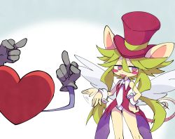Rule 34 | 1boy, 1girl, animal ears, blush stickers, breasts, green hair, hat, heart (mad rat dead), leotard, mad rat dead, middle finger, mouse (animal), mouse ears, mouse girl, mouse tail, nippon ichi, rat god, red eyes, tail, top hat, wings, wrist cuffs