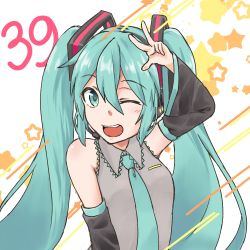 Rule 34 | 1girl, 39, aqua eyes, aqua hair, aqua necktie, bare shoulders, black sleeves, commentary, detached sleeves, grey shirt, hair ornament, hand up, hatsune miku, headphones, headset, hosiduki0139, long hair, looking at viewer, necktie, one eye closed, open mouth, shirt, sleeveless, sleeveless shirt, smile, solo, star (symbol), starry background, twintails, upper body, very long hair, vocaloid, w