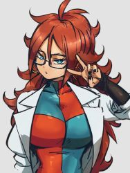 Rule 34 | 1girl, android 21, black-framed eyewear, blue eyes, breasts, checkered clothes, checkered dress, dragon ball, dragon ball fighterz, dress, earrings, glasses, grey background, hair between eyes, hoop earrings, jewelry, kemachiku, lab coat, large breasts, long hair, looking at viewer, red hair, simple background, solo, v