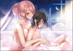 Rule 34 | 1boy, 1girl, bathroom, bathtub, black border, black hair, blush, border, breast press, breasts, closed mouth, curtains, dripping, embarrassed, hair bun, half updo, hetero, holding hands, huge breasts, indoors, knees up, mixed-sex bathing, mole, mole under eye, moon, night, official art, open mouth, original, partially submerged, pink hair, pyon-kichi, shared bathing, single hair bun, sitting, sky, star (sky), starry sky, un (le monde-alternatif), water, wet, window