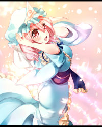 Rule 34 | 1girl, ass, blue dress, cherry blossoms, dress, hat, looking at viewer, mob cap, nagare, open mouth, petals, pink eyes, pink hair, saigyouji yuyuko, sash, smile, solo, touhou, triangular headpiece, veil, wide sleeves